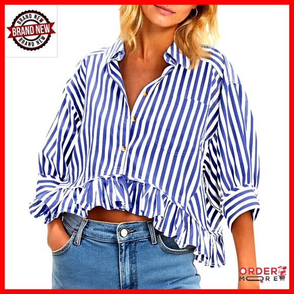 Tops - Cropped Striped Button Down Shirt with Ruffle Hem 3/4 Sleeve Blouse
